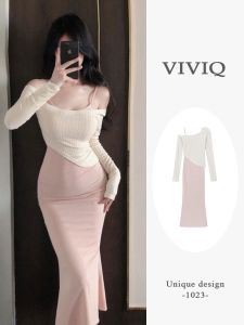 ชุดเดรสยาวคลุมเข่าแขนกุดสไตล์ Pure Desire สำหรับผู้หญิง ชุดสองชิ้นเซ็กซี่ฤดูร้อน กระโปรงทรงเอ ชุดสองชิ้น