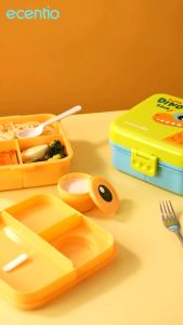 2024-Cartoon Dinosaur Lunch Box for Kids Double Layered Divided Insulated Lunch Box with Sauce Cup