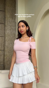 Buy 1 Take 2 or More KILY Womens Ribbed Knit Off Shoulder Top Asymmetrical Neck Tie Strap Slim Fit Casual Summer Tee