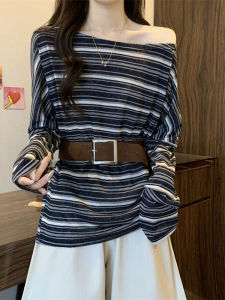 Dongda Gate Lazy Striped Diagonal Shoulder Long Sleeve T-Shirt Women Design Sense with Belt Sunshade Cover up Top