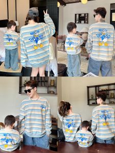 Parent-Child Hoodie Autumn Long Sleeve Three-To Four-Person Family Photo Stripe Cartoon Mommy And Baby Fashionable Clothing