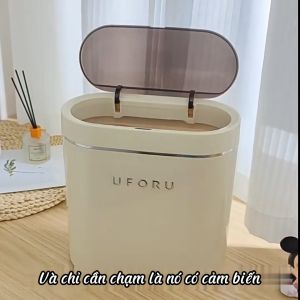 Thùng rác thông minh thùng rác cảm ứng tự động đóng mở chống nước thiết kế sang trọng màu trắng kem Odela House