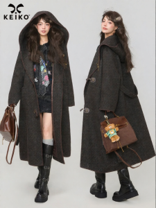 KEIKO | High End Herringbone Thickening Hooded Cloak-style Coat