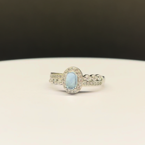 2-Layer Oval Aquamarine Titanium Ring with 6×4mm Blue Gemstone – White Finish (ADJUSTABLE RING)