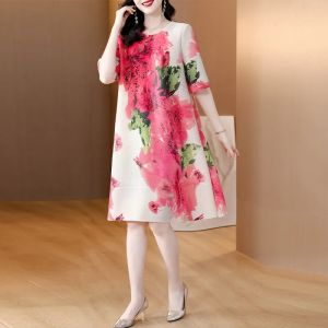 Nova quality⭐One person one pleat ⭐ Chinese style advanced sense Miyake pleat dress summer new fashion loose plus size age-reduction temperament printed mother MIDI skirt