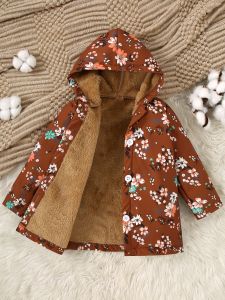 Girls Winter New Plush Floral Hooded Jacket With European And American Style Warm Medium To Long Versatile Jacket