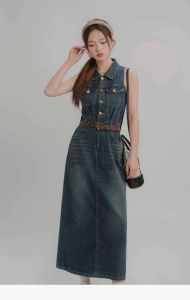 Elegant Collar Overskirt Denim Vest Dress Women Summer Hong Kong Style Blue Sleeveless Neck Hanging Waist Inward A-Line Long Dress