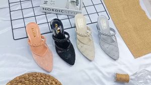 SANDAL WANITA HEELS HAK TAHU 5CM MOTIF TALI KEPANG UJUNG LANCIP TERBARU