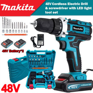 Original Electric Impact Drill 48V Cordless Hand Drill Power Tools Hammer Drill Driver Double-Speed Rechargeable Drill 2 Li-ion Battery Multifunctional Electric Drill Screwdriver With LED Light Accessories Kit Set