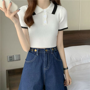 SIS Women T-shirt High Waist Slim Knitted Polo Shirt Blouse