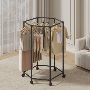 1pc Hexagonal Rotating Clothes Rack Home Metal Clothes Drying Rack Movable Balcony Bedroom Clothing Storage Rack With Pulleys