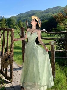 Kỳ Nghỉ Đi Biển Phong Cách Cổ Điển Pháp Lễ Phục Có Miếng Đệm Ngực Cộc Tay Không Tay Dài Đầm Ve Áo Vòng Eo Xếp Ly Đầm Maxi Cổ Chữ V Dáng Chữ A