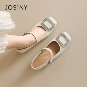 Josiny | Comfortable White Mary Jane Shoes Square Toe Rhinestones