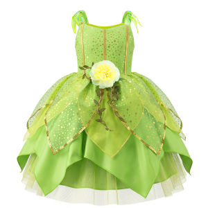 Girls Green Flower Fairy Elf Dress Sleeveless Sequins Petal Skirt Tulle Tutu Costume for Halloween Carnival Tinker Bell Cosplay