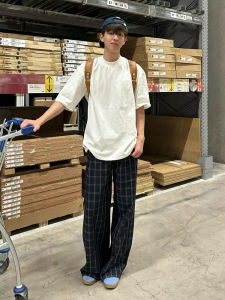 Quần Dài Nam Kẻ Caro Màu Xanh Mùa Hè Mỏng Phong Cách Đường Phố Quần Dài Thể Thao Rộng Rãi Cạp Vừa Quần Dài Thường Ngày