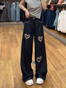 กางเกงยีนส์ขาดรูรูปหัวใจสีน้ำเงินลึกสำหรับผู้หญิง ทรงหลวม ขาตรง กางเกงขายาวทรงขากว้าง แฟชั่นฤดูร้อน 2025