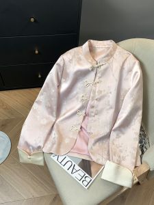 New Chinese Style Womens Short Jacket Pink Embroidery Button up Top Autumn 2024 Fashionable Casual Loose Fit Long Sleeve