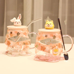 Cute Glass Cup with Handle And Straw Creative Summer Tea Water Cup with Lid Spoon Adorable Girl Breakfast Cup Heat Resistant Korean Style round Shape