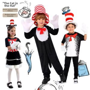 Childrens Halloween School Stage Performance Wear Cat in the Hat Costume