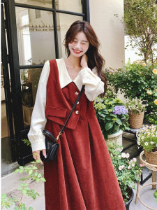 Elegant Red A-Line Midi Dress French Style Womens Clothing Gentle Design Sense Fake Two-Piece Spring Autumn New Waist Slimming