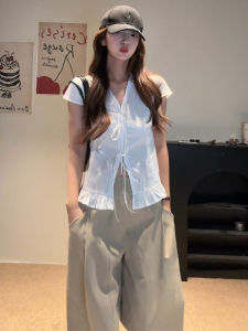 YUEZHONGWEI | French Style V-neck Lace Trim White Short Sleeve Shirt Womens Summer Slim Fit Short Length Belted Top Korean Version Commute Style