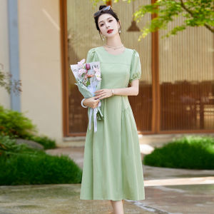 Elegant High Waist Cotton Dress Womens Summer 2025 New Style Bubble Sleeve Pleated Slimming Long Dress Fresh Green Color