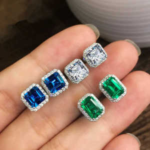Luxurious Emerald Square Earrings Ladies Full Diamond Zircon Sugar Cubes Ear Jewelry Fashionable Fresh out European Style