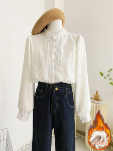เสื้อเชิ้ตคอตั้งแขนยาวผู้หญิงบุขนแกะหนา ทรงหลวม ทรงเข้ารูป ทรงปกติ ฤดูใบไม้ร่วง/ฤดูหนาว เสื้อเชิ้ตผ้าชีฟองลูกไม้
