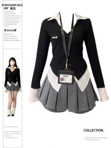 ชุดกระโปรงสั้นผ่าหน้าเอวสูงลายจุดสไตล์เกาหลีสำหรับผู้หญิงไซส์ใหญ่ ชุดแฟชั่นฤดูใบไม้ผลิและฤดูใบไม้ร่วง