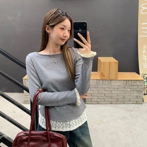 Áo Thun Dài Tay Ren Nữ Mùa Xuân Mới Xếp Ly Eo Thiết Kế Áo Sơ Mi Nữ Cổ Chữ a Tay Dài Ren Tách Rời Thoải Mái