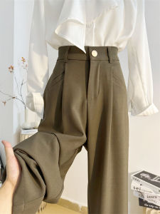 Khaki Wide Leg Pants Womens High Waist Straight Casual Trousers Pocket Design Autumn Fashion Elegant Drapey Office Wear