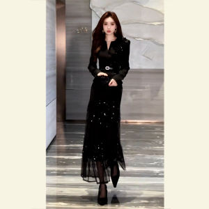 SHANGSHA | Chic Sophisticated Glamour French Ladylike High-end Formal Occasion Sequin Suit Dress