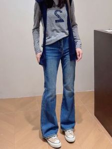 Fashion High Waist Bell Bottom Jeans Womens Autumn New Style Blue Washed Korean Style Slimming Trousers Straight Cut Pants