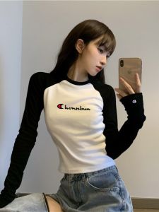 Cute Champion Splice Long Sleeve Womens T-shirt Slim Fit Spring Autumn Design Sensation Small Color Collision Base Shirt Trendy Top