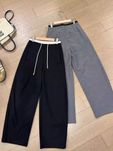 สูง เอว ขาตรง ลำลอง กางเกงขายาว ผู้หญิง พลัสไซส์ บล็อกสีเย็บปะติดปะต่อ เชือกรูด หลวม Fit ฤดูใบไม้ร่วง รูปแบบใหม่ กางเกง