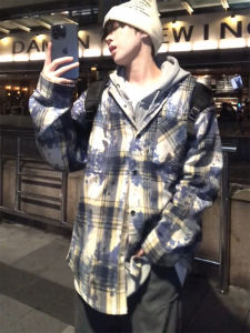 เสื้อเชิ้ตแขนยาวสีน้ำเงินลายสก็อตสไตล์อเมริกัน ทรงหลวม แฟชั่นฤดูใบไม้ผลิและฤดูใบไม้ร่วงสำหรับผู้ชาย