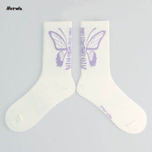 Fitness Womens Mid-Calf Socks Jump Rope Yoga Running Flying Disk Purple Butterfly Socks Beautiful And Slimming Effect