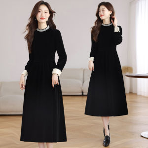 Hebe Style Black Velvet Long Sleeve Dress Womens Autumn Winter French High-End Feeling Gown Skirt Zipper High Waist Velvet Dress