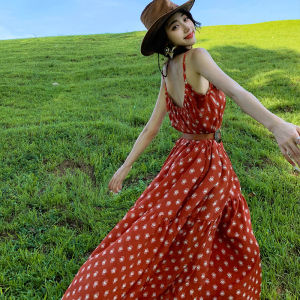 ชุดเดรสสลิงลายจุดโบฮีเมียนชุดเจ้าหญิงเอวกลางสไตล์วันหยุดยาวสําหรับฤดูร้อนไม่มีแขน
