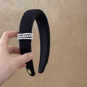 Elegant Black Pearl Hairband Womens High Top Headband Luxury Fashion Hair Accessories Korean Style Satin Material