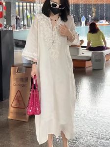 Elegant Casual Summer New Two-Piece Set Long White Dress Womens Cotton Linen Slimming Strap Dress A-Line Midi V-Neck Dress