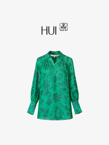 HUI 100% Mulberry Silk Womens Shirt Embossed Chicken Heart Collar Pleated Regular Sleeve Long Button Closure Floral Print
