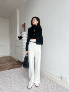 Cat Border Spring & Fall Very Wide Plaid High Waist Stylish Waist Head White Straight-Cut Easy to Care Anti-Transparent Long Suit Pants