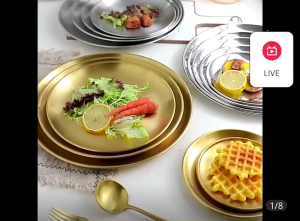 European Style Gold Dinner Plates Set 304 Stainless Steel Round Serving Trays for Steak Cake & Fine Dining Restaurant Use