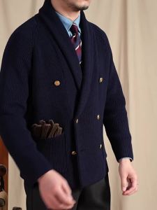 Autumn Winter Mandarin Collar Double-breasted Knit Blazer Sweater Coat
