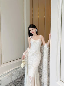 Gold Thread Butterfly Lace Embroidery New Chinese Style Summer Dress with Shawl Strapless Gown Customizable High-End Design