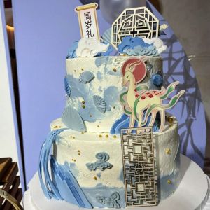 Blue Chinese Style Deer Dessert Table Decoration Birthday Cake Toppers Mousse Cupcake Plugins Foldable Ribbon Wrapping