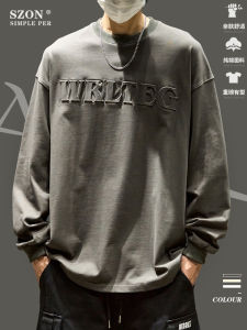 เสื้อยืดคอกลมแขนยาวทรงหลวมสำหรับผู้ชาย ผลิตจากผ้าฝ้ายแท้ แฟชั่นฤดูใบไม้ผลิและฤดูใบไม้ร่วง เสื้อสเวตเตอร์คอวีพิมพ์ลายอักษรแบบอเมริกัน