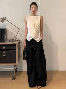 YUEZHONGWEI | French Style Round Neck Cross White Vest Women Summer Outdoor Wear Design Slim Fit Sleeveless T-Shirt Top Waist In