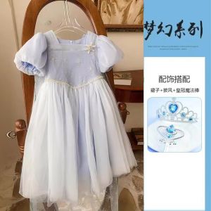 Princess Elsa Glowing Dress Childrens Ice Age Birthday Girls Clothing Short Sleeve Mesh Fabric Summer New Style Little Girl